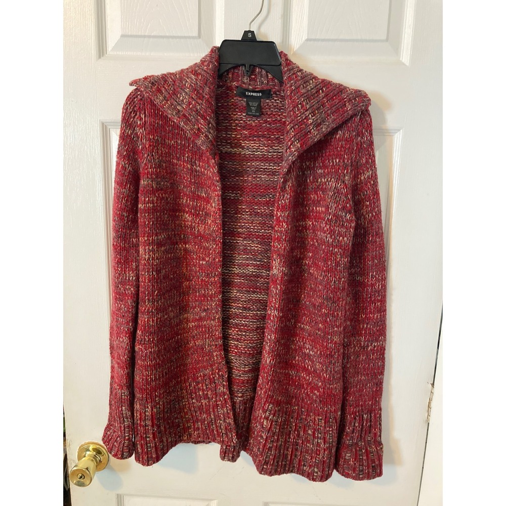 Express Womens XS Red Space Dye Chunky Knit Wool BlendOpen Front CardiganSweater